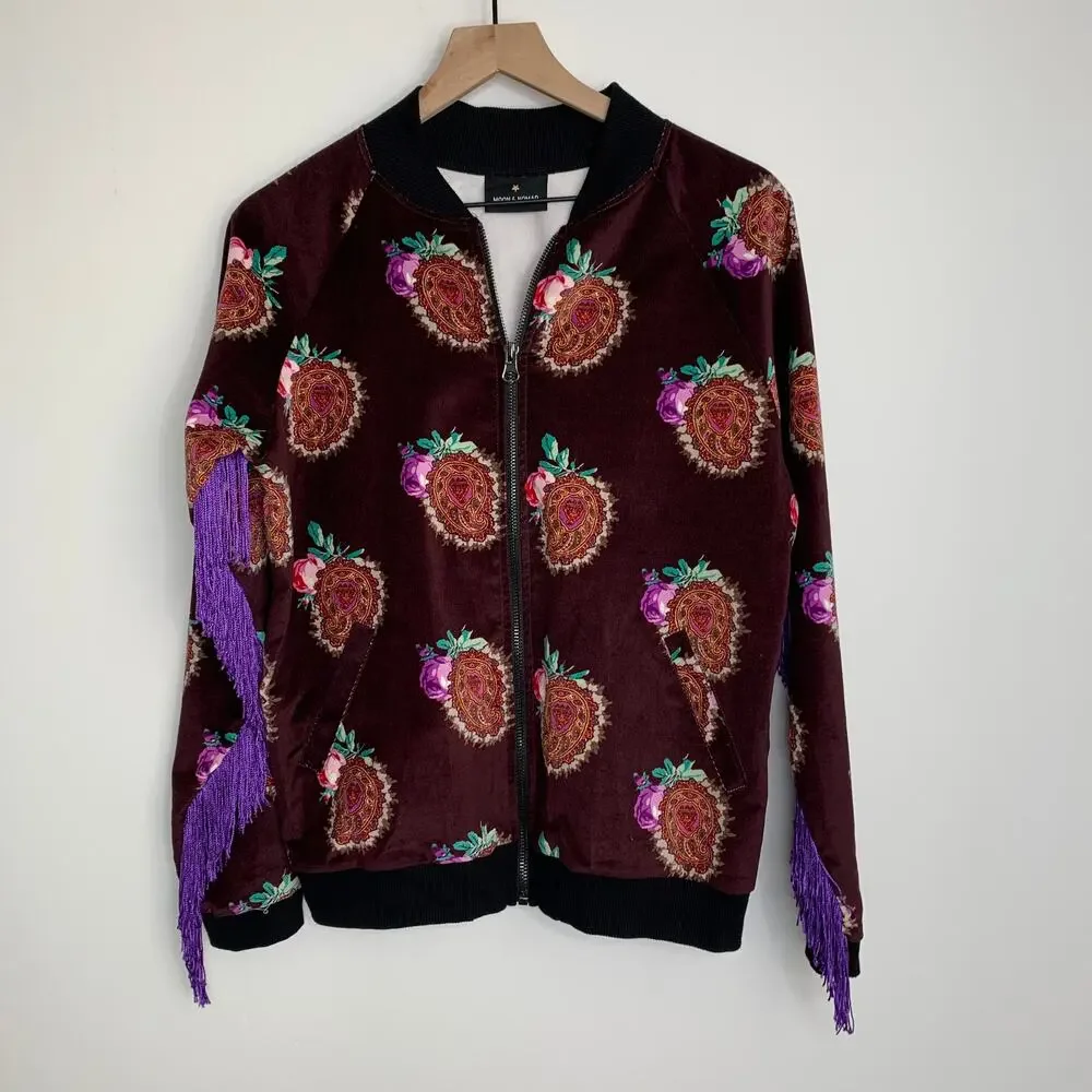 Moon & Nomad Mixed Emotions Velvet Bomber Jacket Burgundy Purple Fringe Medium - Picture 1 of 14